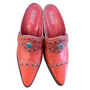 Franco Sarto Womens Leather Mules Size 6.5M Red Western Embellished Slip-On